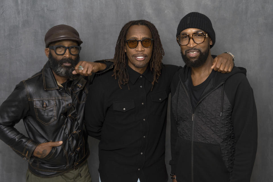 D'Wayne Wiggins, from left, Raphael Saadiq and Timothy Christian Riley of Tony! Toni! Tone! pose for a portrait on Wednesday, Sept. 27, 2023, in New York. The group kicked off a tour last month, their first featuring the three original members in 25 years. (AP Photo/Gary Gerard Hamilton)