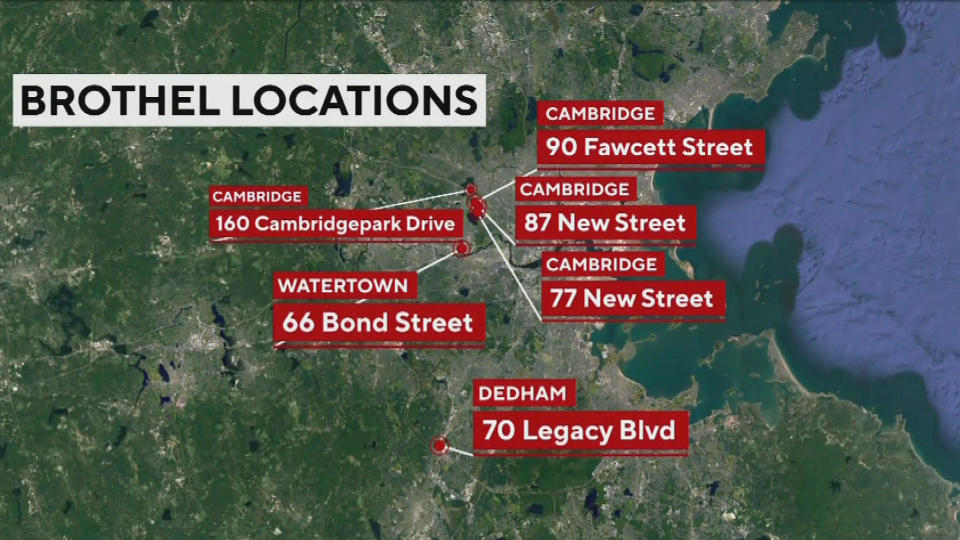 Alleged locations of brothels in Cambridge, Dedham and Watertown / Credit: CBS Boston