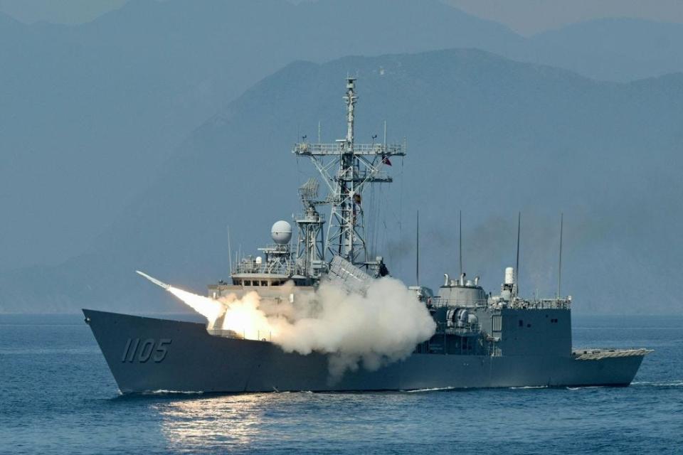 Taiwanese navy launches a US-made Standard missile from a frigate during the annual Han Kuang Drill, on the sea near the Suao navy harbor in Yilan county on July 26, 2022