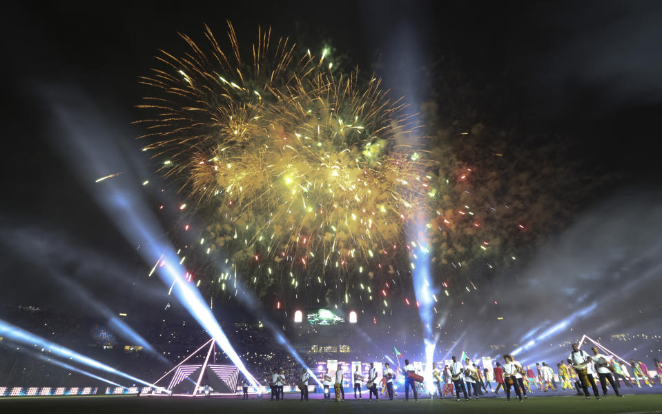 Fireworks are launched during the closing ceremony before the African Cup of Nations final soccer match between Algeria and Senegal in Cairo International stadium in Cairo, Egypt, Friday, July 19, 2019. (AP Photo/Hassan Ammar)