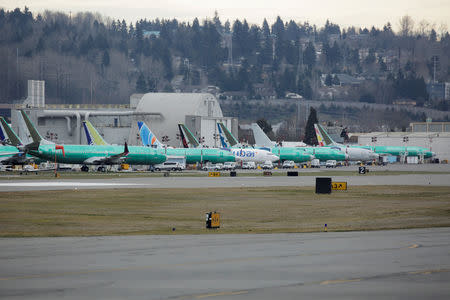 FILE PHOTO: Boeing 737 MAX aircraft are parked at a Boeing production facility in Renton, Washington, U.S., March 11, 2019. REUTERS/David Ryder/File Photo