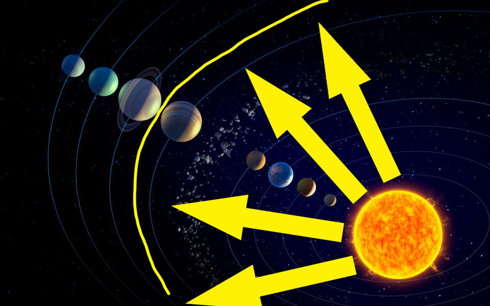 A diagram depicting our solar system with a large line drawn between Jupiter and Mercury to illustrate the size of the star