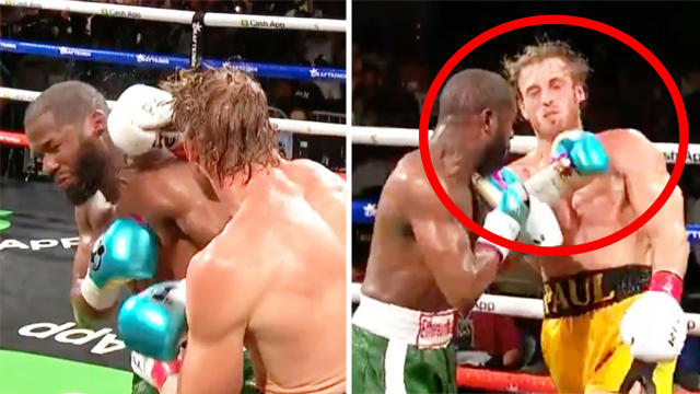Logan Paul (pictured left) punching Floyd Mayweather and (pictured right) receiving a punch.