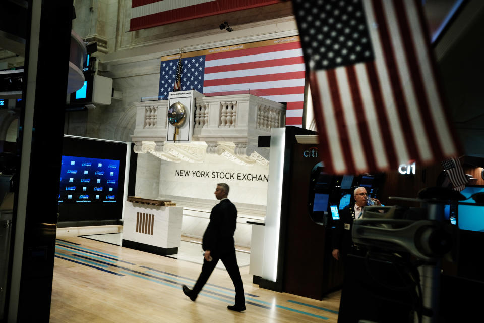 NEW YORK, NEW YORK - MARCH 20: Traders work on the floor of the New York Stock Exchange (NYSE) on March 20, 2020 in New York City. Trading on the floor will temporarily become fully electronic starting on Monday to protect employees from spreading the coronavirus. The Dow fell over 500 points on Friday as investors continue to show concerns over COVID-19.  (Photo by Spencer Platt/Getty Images)