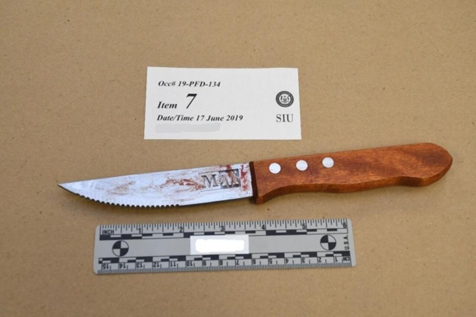 An evidence photo of the knife wielded by Derek Teskey, 48, of Tecumseh, when he was fatally shot by an OPP officer on June 14, 2019.