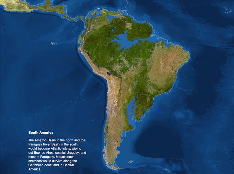 In South America, Buenos Aires, coastal Uruguay and most of Paraguay would be submerged. Image by National Geographic.