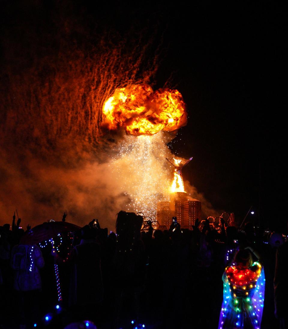 Fireworks explode as part of the Man burn at Burning Man on Labor Day.