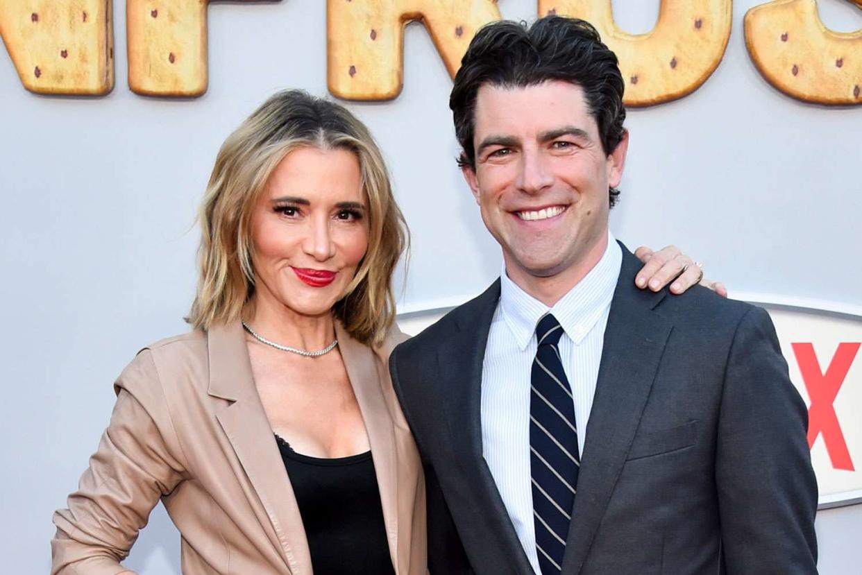 <p>Alberto Rodriguez/Variety via Getty</p> Tess Sanchez and Max Greenfield at the Los Angeles premiere of <em>Unfrosted</em> on April 30, 2024