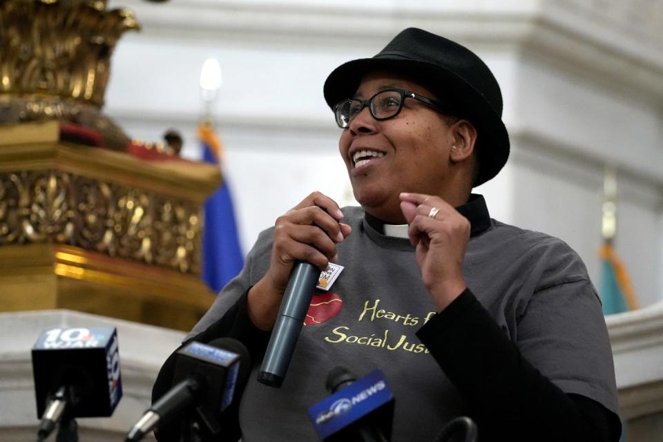 Rev. Effie E. McAvoy, Shepherd of the Valley UMC speaks during Tuesday's Rhode Island Coalition for Reproductive Freedom press conference on Tuesday, Jan 24, 2023 at the RI State House Rotunda marking the 50th anniversary of Roe v. Wade and calling on the General Assembly to protect women's rights.