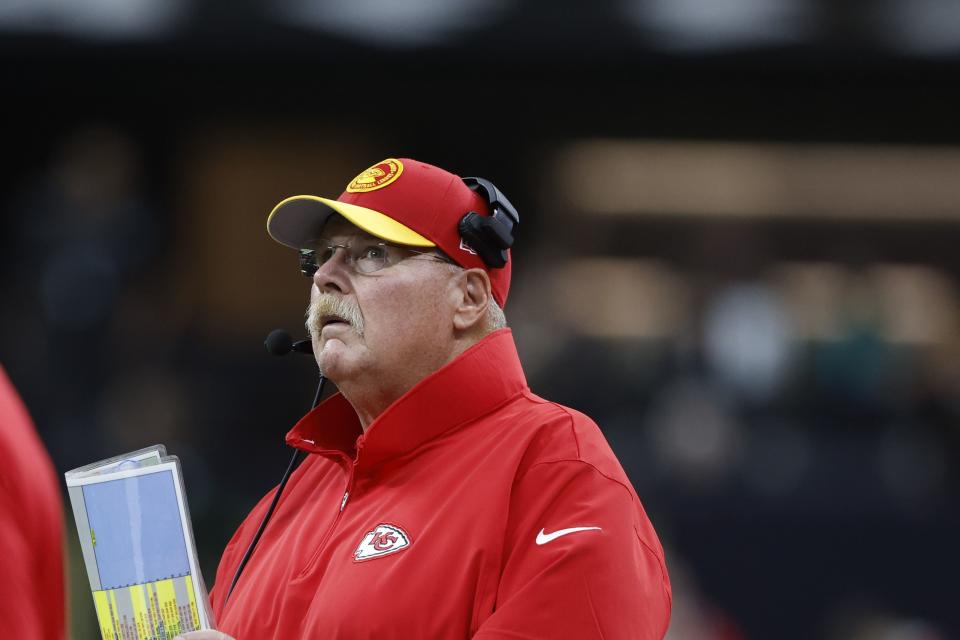 Kansas City Chiefs coach Andy Reid watches the field during a preseason game against the New Orleans Saints, in New Orleans, Sunday, Aug. 13, 2023. The question is, will the former BYU grad assistant and player be watching his team play in this year’s Super Bowl? | Butch Dill, Associated Press