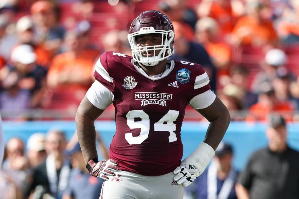 Jan 2, 2023; Tampa, FL, USA; Mississippi State Bulldogs defensive tackle Jaden Crumedy (94) looks on during a break in play against the Illinois Fighting Illini in the first quarter during the 2023 ReliaQuest Bowl at Raymond James Stadium. Mandatory Credit: Nathan Ray Seebeck-USA TODAY Sports Nathan Ray Seebeck/USA TODAY NETWORK