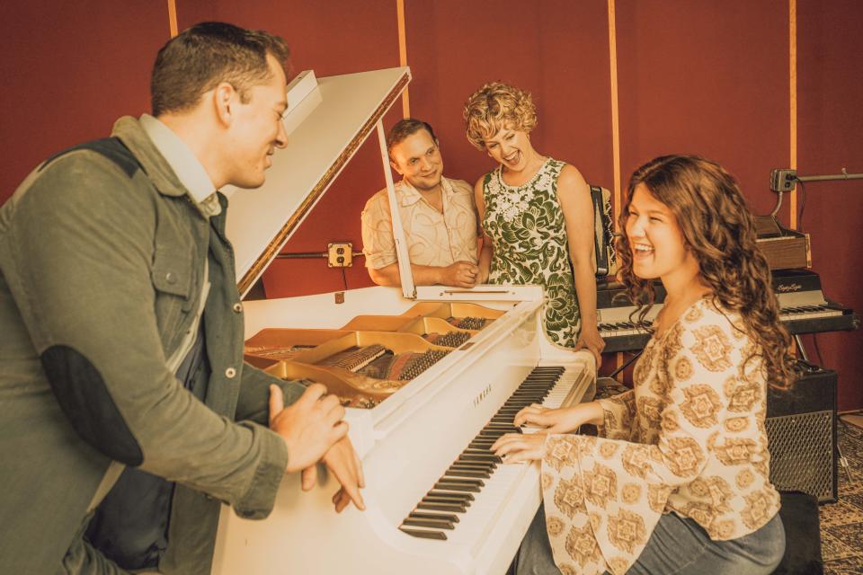 Left to right, Corbin Payne, Cody Schmid, Alyson Snyder, Britta Rae (on piano) in a scene from Short North Stage's “Beautiful: The Carole King Musical," which opens Thursday and runs through July 30.