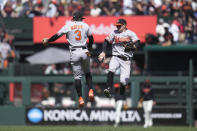 Baltimore Orioles' Jorge Mateo, left, celebrates with Austin Hays after they defeated the San Francisco Giants in a baseball game in San Francisco, Sunday, June 4, 2023. (AP Photo/Jeff Chiu)