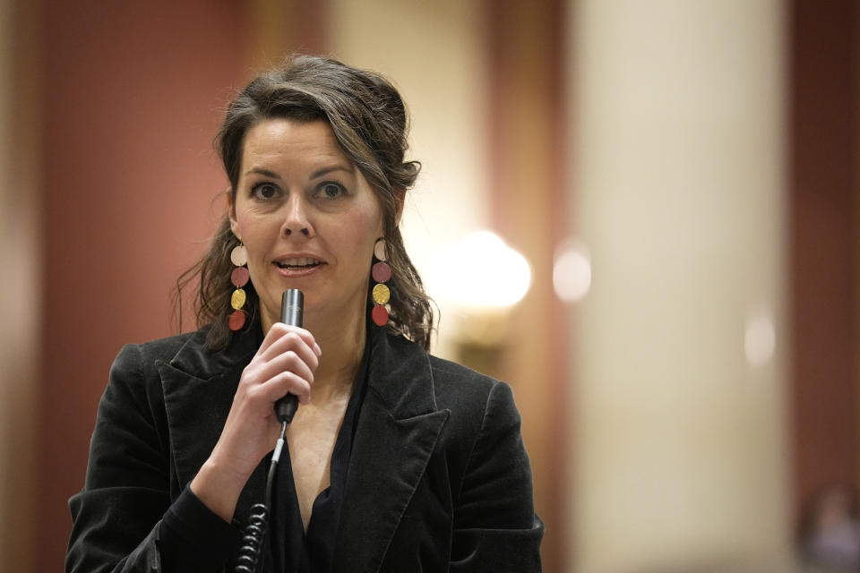 State Rep. Liz Olson, D-Duluth, speaks during the first day of the 2023 Legislative session, Tuesday, Jan. 3, 2023, in St. Paul, Minn. (AP Photo/Abbie Parr)