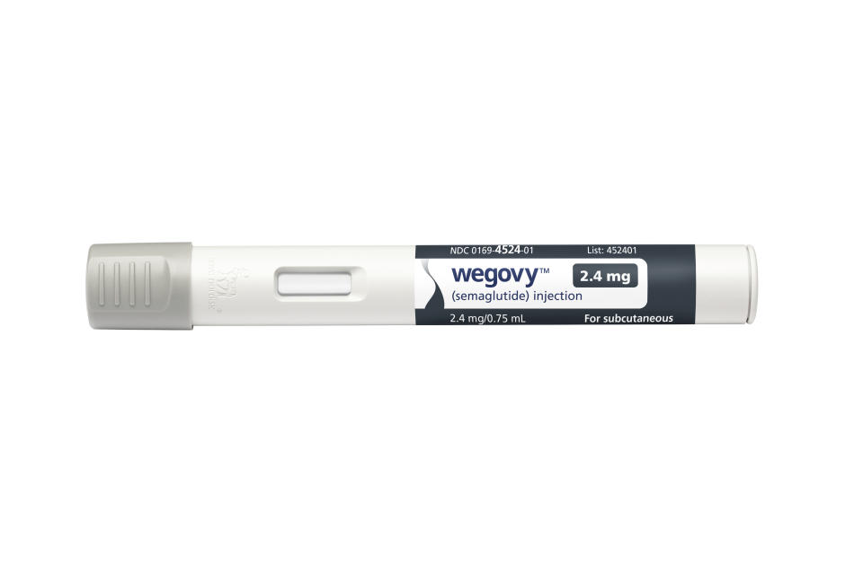 This image provided by Novo Nordisk on Friday, June 4, 2021 shows an injection pen for the company's semaglutide medication, named Wegovy. On Friday, the Food and Drug Administration said this new version of a popular diabetes medicine could be sold as a weight-loss drug in the U.S. (Novo Nordisk via AP)