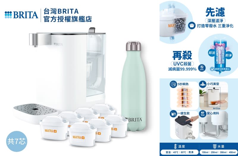 ▲BRITA Model ONE瞬熱滅菌開飲機（共1機7芯）再贈保溫瓶，限時滿$2,299送FOCA 立體編織羊羔毯，原價$22,000活動價$12,888，領券再享92折，折後$11,857。（圖片來源：Yahoo購物中心）