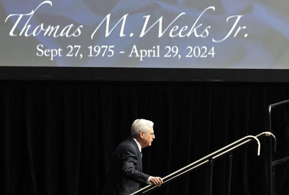 Attorney General Merrick B. Garland climbs the stairs to the lectern to speak during a memorial service for slain Deputy U.S. Marshal Thomas Weeks Jr., at Bojangles Coliseum in Charlotte, NC on Monday, May 6, 2024. Weeks died during a standoff with a gunman on Monday, April 29th 2024. Two other law enforcement officers were also killed in the shootout, and CMPD Officer Joshua Eyer passed away later Monday evening from injuries sustained during the shootout.