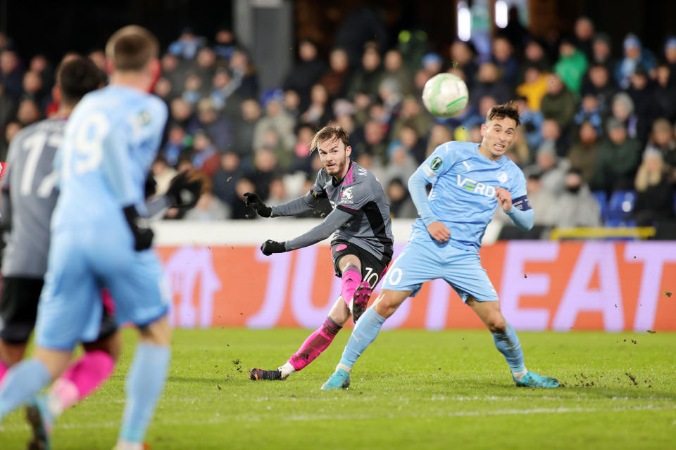 RANDERS, DENMARK - FEBRUARY 24: 
James Maddison of Leicester City scores to make it 0-3 during the UEFA Europa Conference League Knockout Round Play-Offs Leg Two match between Randers FC and Leicester City at Randers Stadium on February 24, 2022 in Randers, Denmark. (Photo by Plumb Images/Leicester City FC via Getty Images)