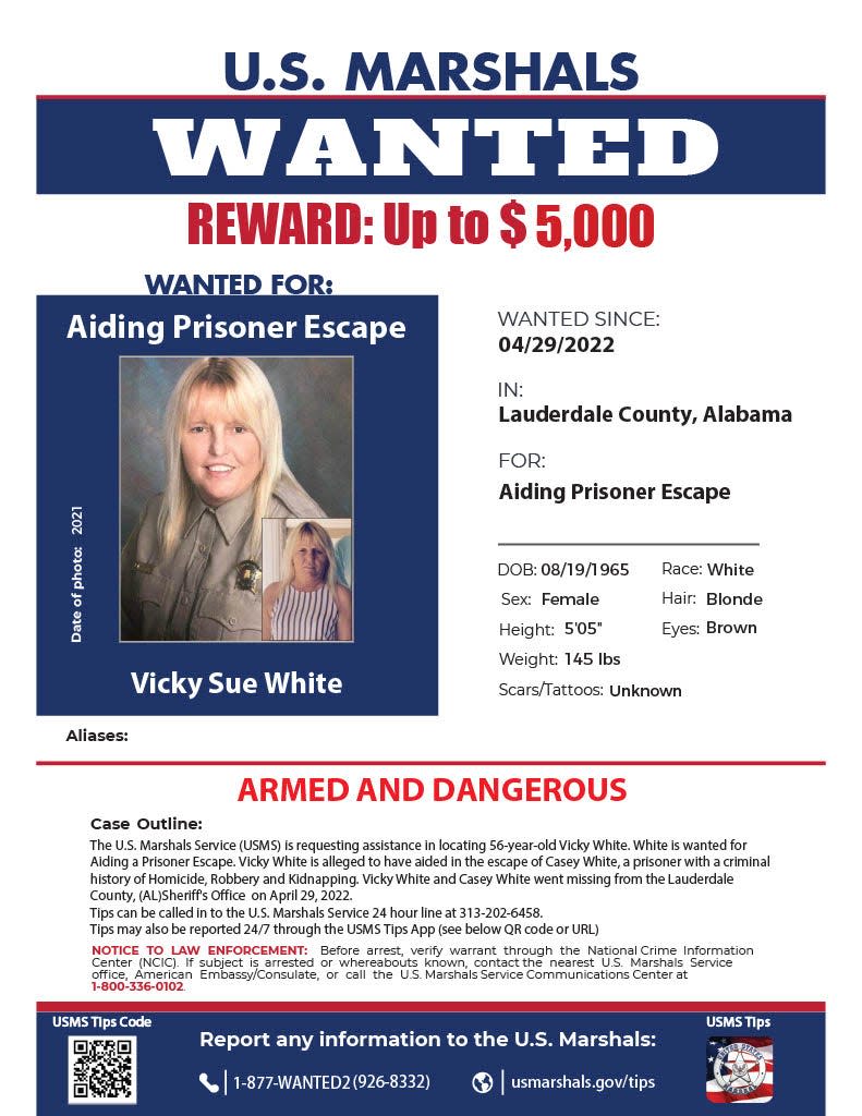 U.S. Marshals issued a new poster and offered a reward for Lauderdale County Assistant Director of Corrections Vicky Sue White, believed to have helped capital murder suspect Casey Cole White escape from custody. The search continues for both.