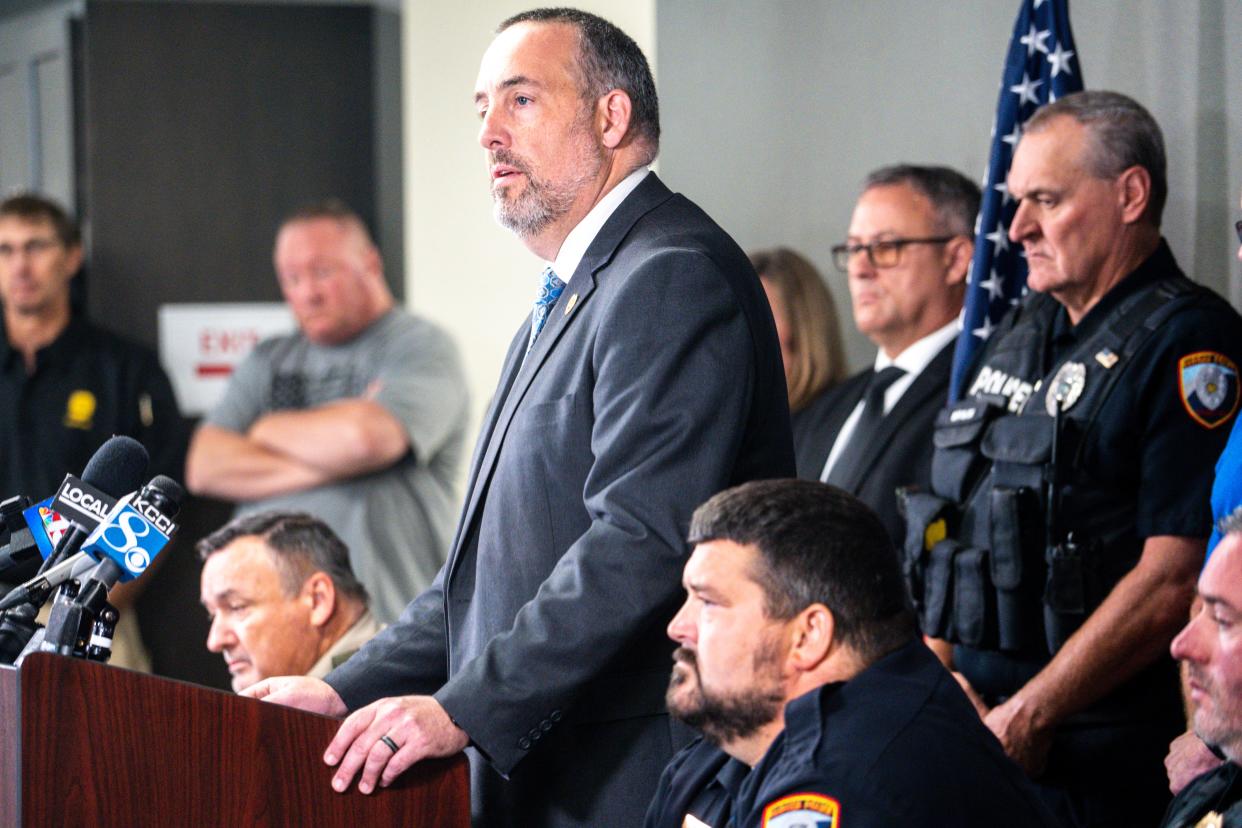 Iowa Department of Public Safety Commissioner Stephan Bayens speaks during a press conference at the Kossuth County Election Center on Thursday, September 14, 2023 in Algona, Iowa.