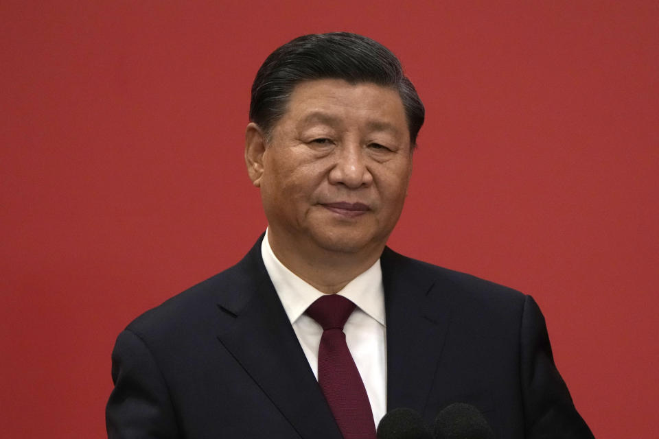 President Xi Jinping attends an event to introduce new members of the Politburo Standing Committee at the Great Hall of the People in Beijing, Sunday, Oct. 23, 2022. (AP Photo/Ng Han Guan)