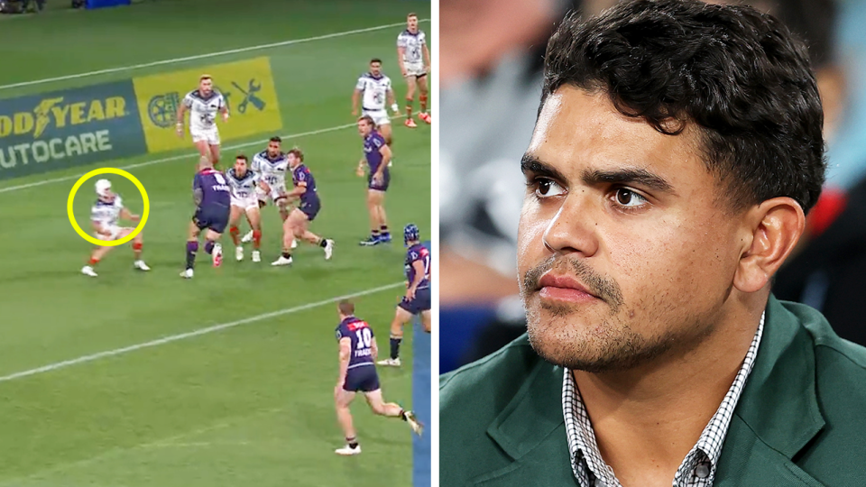 Jye Gray makes a tackle and Latrell Mitchell reacts.