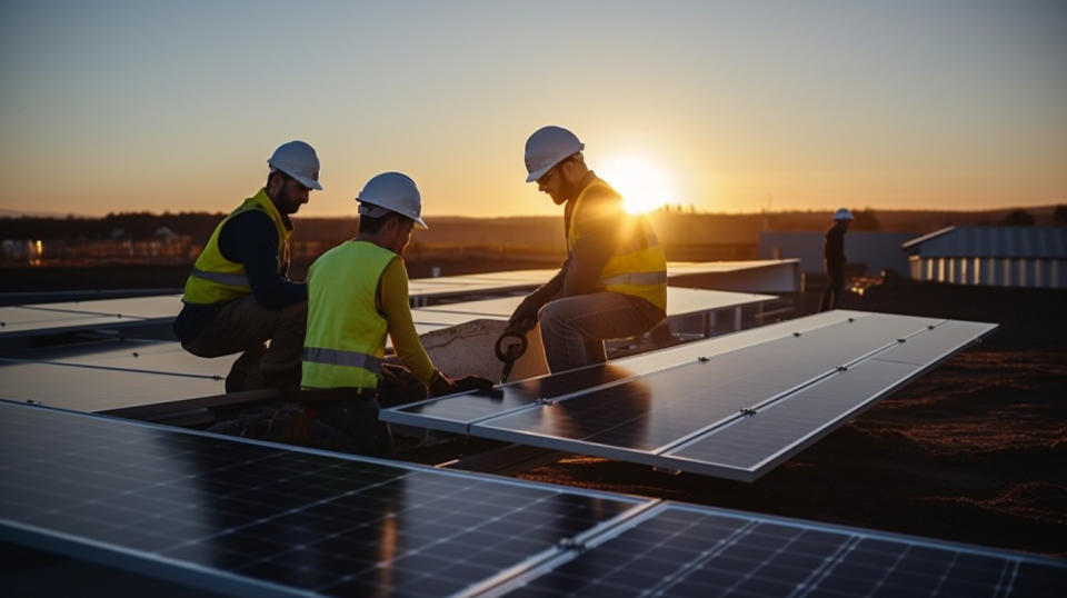 A construction crew working on a solar energy system, revealing the company's drive for success.