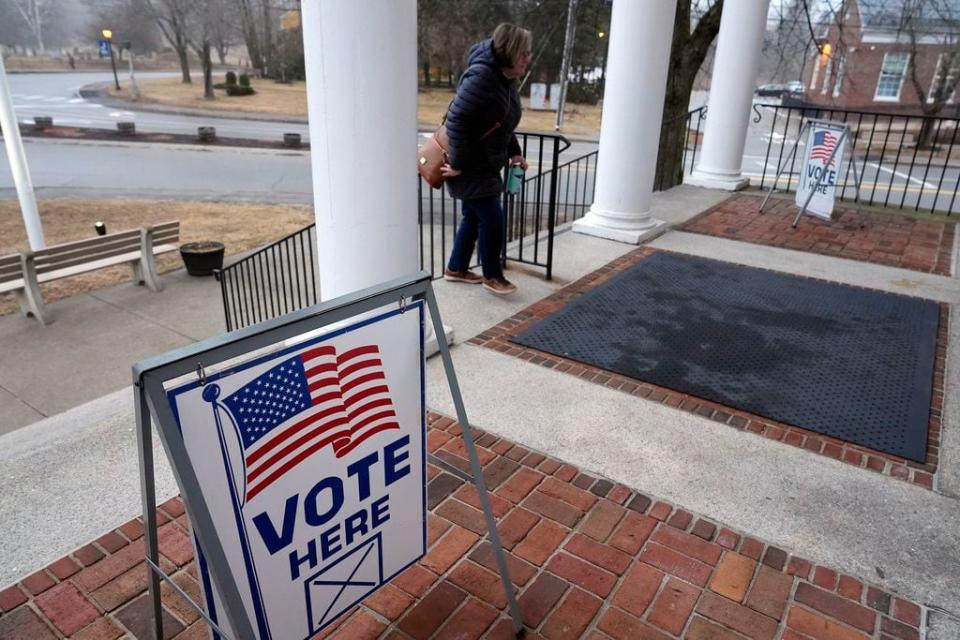A voter arrives at the polling station in Kennebunk, Maine, Tuesday, March 5, 2024. Super Tuesday elections are being held in 16 states and one territory. Hundreds of delegates are at stake, the biggest haul for either party on a single day.   (AP Photo/Michael Dwyer)