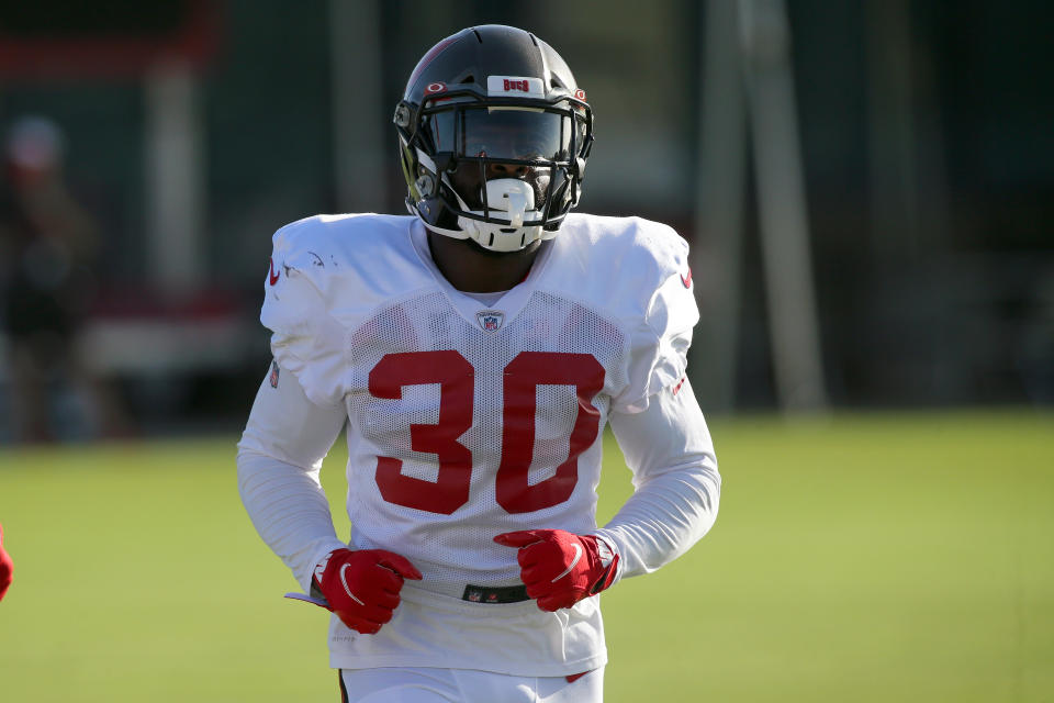 The Buccaneers Ke'Shawn Vaughn (30) goes thru a drill during the Tampa Bay Buccaneers Training Camp