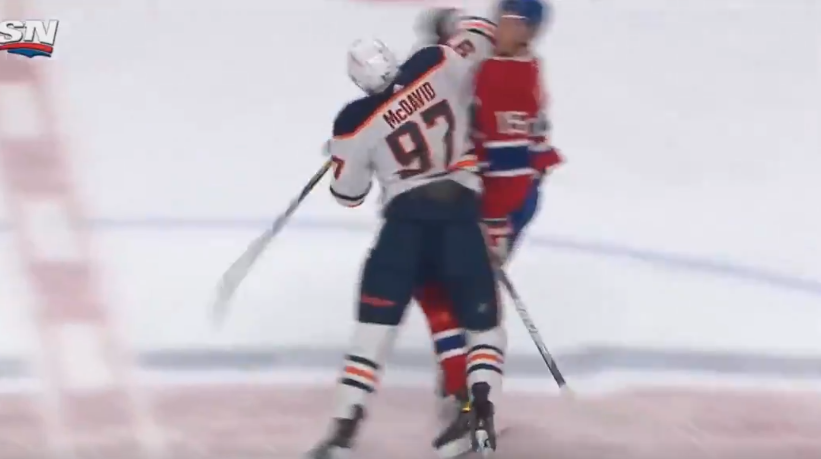 Oilers star Connor McDavid appeared to catch Canadiens centre Jesperi Kotkaniemi with an elbow to the head on Tuesday. (Twitter/zjlaing)
