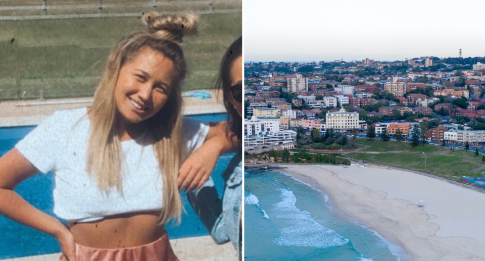 Two images. Image on the left is a headshot of Simone Wilkins, who is wearing a white top. Image on the right is an aerial view of Bondi beach with houses and apartments in the background.