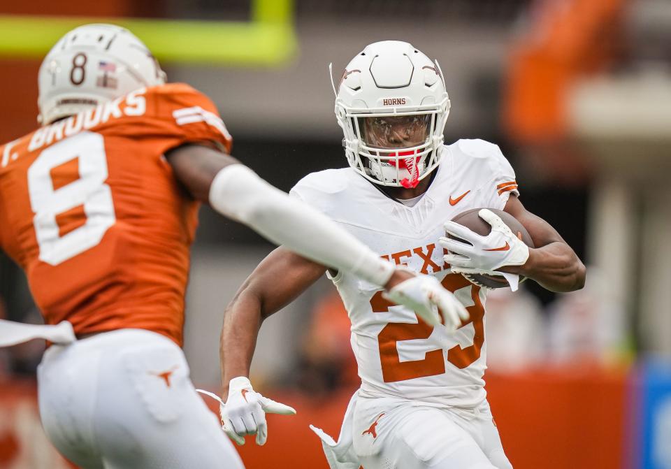 Texas running back Jaydon Blue will likely assume the starting role after CJ Baxter suffered a season-ending knee injury in practice Tuesday. The speedster only has 80 carries as a Longhorn, but he boasts game-breaking speed.