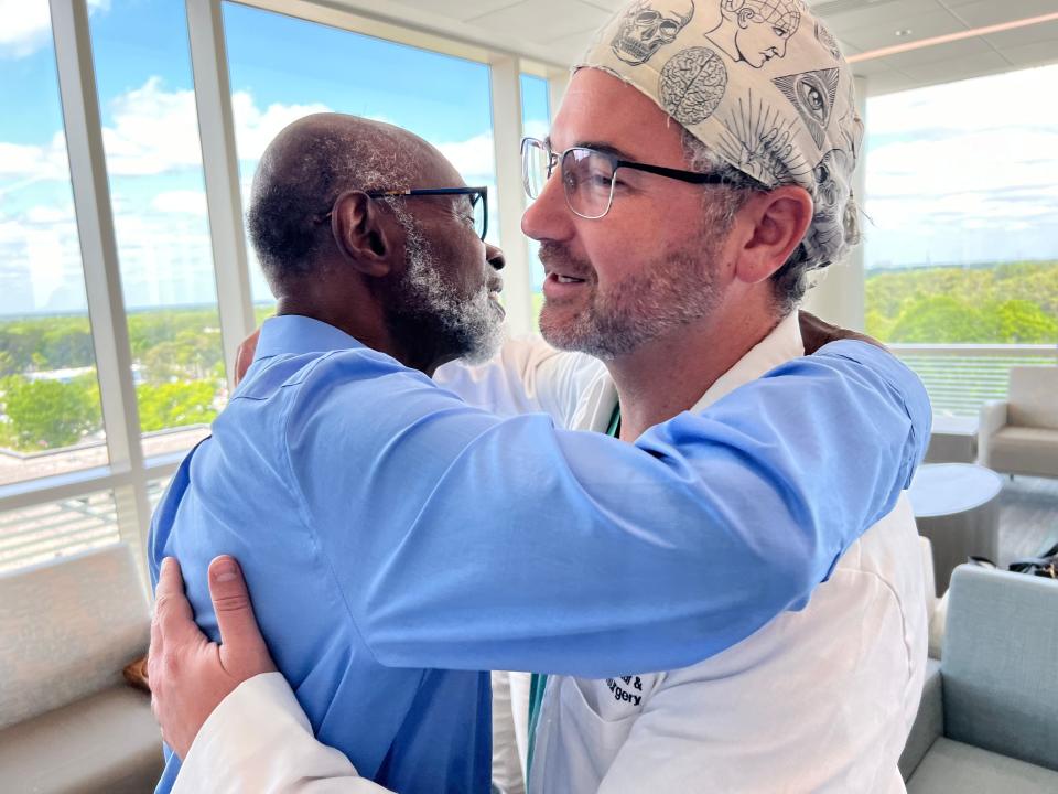 Chuck Carree greets Dr. Jeffrey Beecher and thanks him for saving his life. Carree suffered a stroke back in December 2023, but thanks to Beecher and the neuro team, he is back to living life.