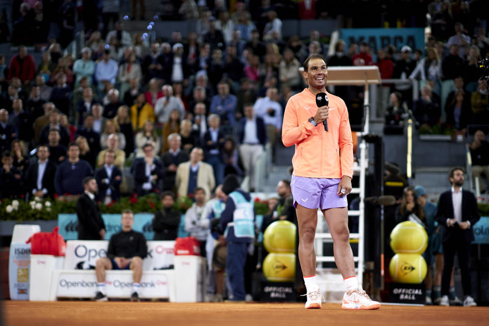Rafael Nadal addresses the crowd.