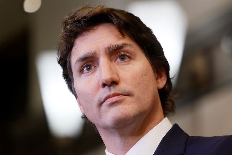 Canada's Prime Minister Justin Trudeau takes part in a press conference on Parliament Hill in Ottawa