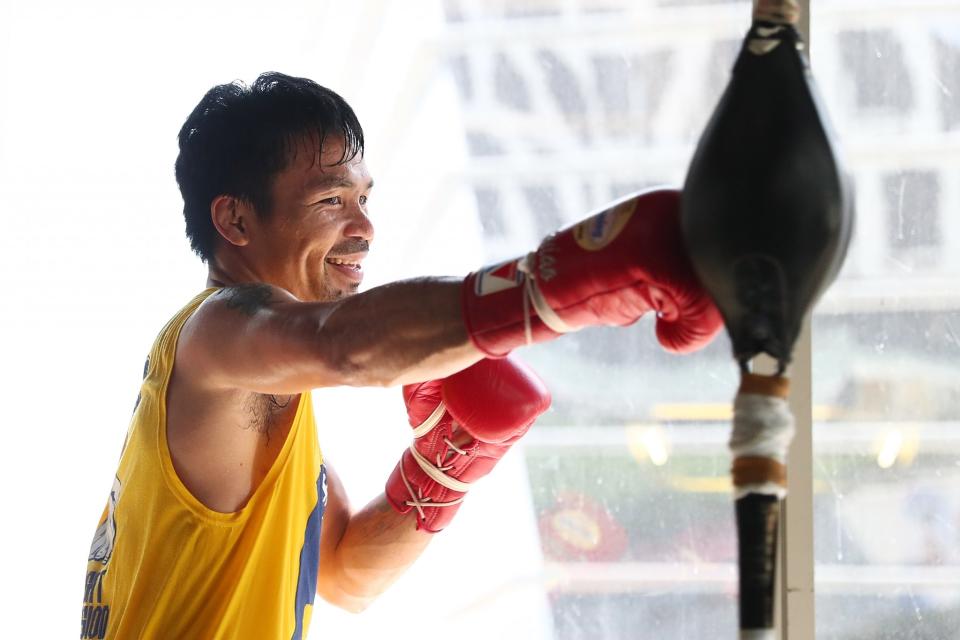 Manny Pacquiao trains at the Elorde boxing Gym on May 17, 2017 in Manila, Philippines.