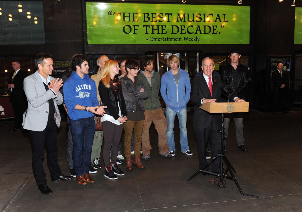 NEW YORK, NY - APRIL 25: (L-R) Dante Di Loreto, Darren Criss, Harry Shum Jr., Ryan Murphy, Heather Morris, Kevin McHale, Ian Brennan, Brad Falchuk. Chord Overstreet, Mark Salling and Cory Monteith of Glee pose with Mayor of New York City, Michael Bloomberg during the "Glee" In New York Press Conference at Gershwin Theatre on April 25, 2011 in New York City. (Photo by Jason Kempin/Getty Images)