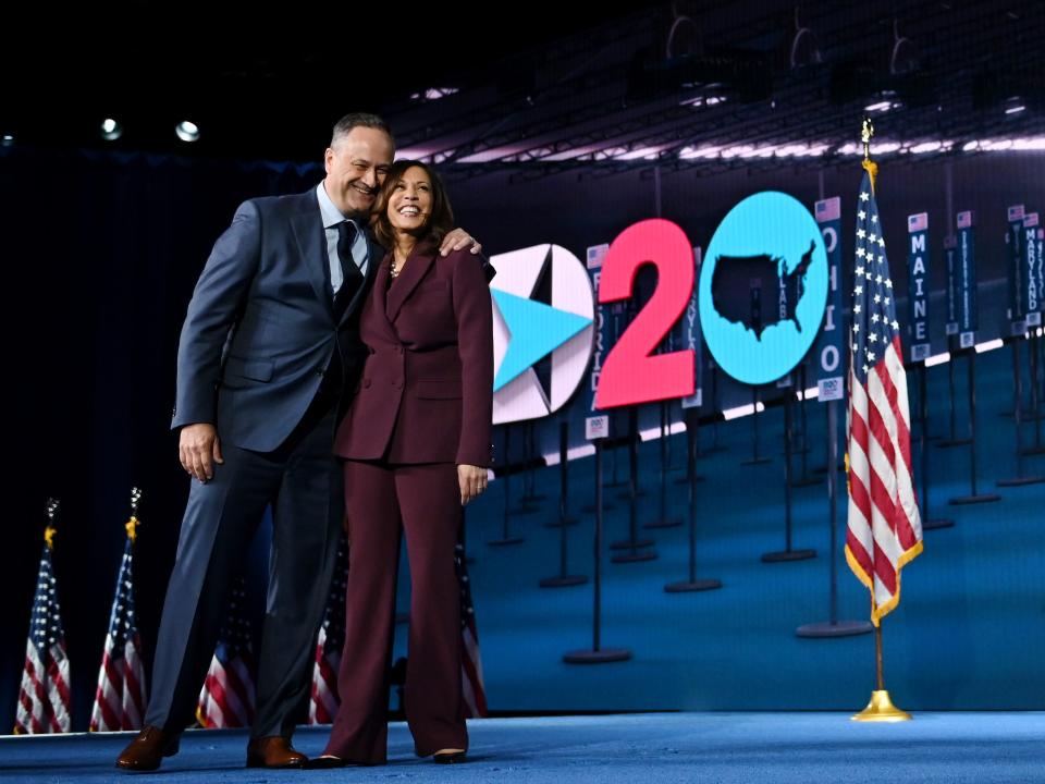 Kamala Harris and Doug Emhoff onstage at the 2020 Democratic National Convention.