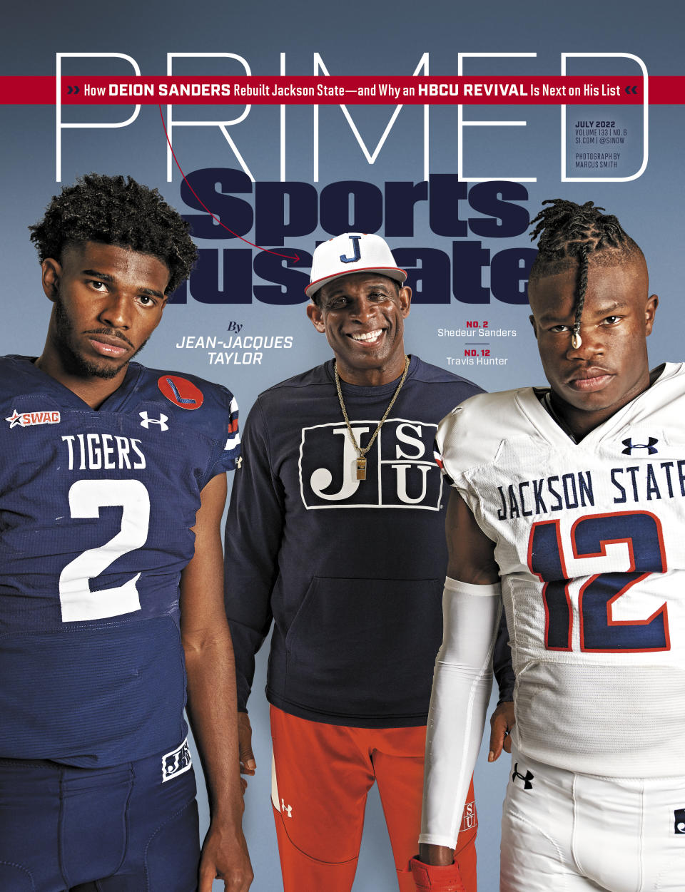 Portrait of Jackson State University head football coach Deion Sanders (C) with (L-R) Travis Hunter and Shedeur Sanders during a photo shoot at Natural Light Studio Dallas. - Credit: Marcus Smith/Sports Illustrated via Getty Images
