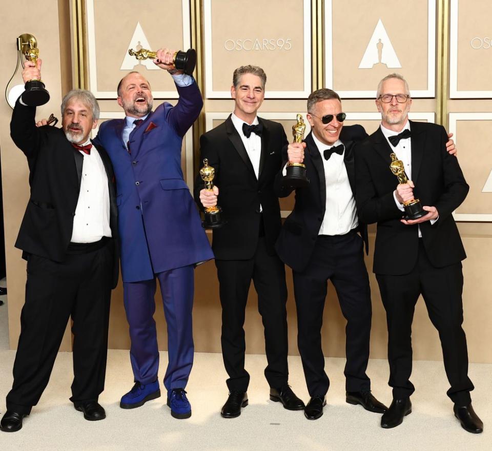 HOLLYWOOD, CALIFORNIA - MARCH 12: (L-R) Mark Weingarten, James Mather, Al Nelson, Chris Burdon and Mark Taylor, winners of the Best Sound award for 