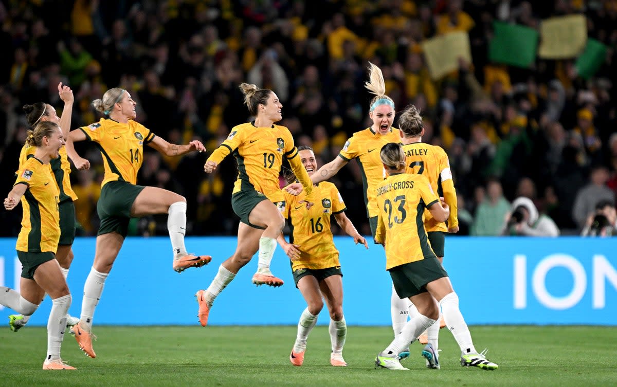 Steph Catley of the Matildas is congratulated by team mates after scoring (Getty Images)