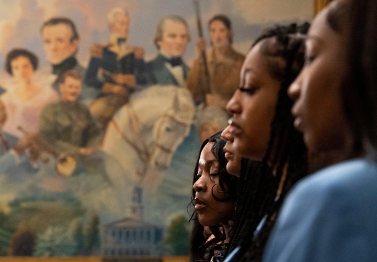 Members of the Bloom Academy at TSU stand in front of the podium last week during a news conference concerning the TSU board at the Tennessee Capitol in Nashville. The Bloom Academy is a leadership development program for first-year women.