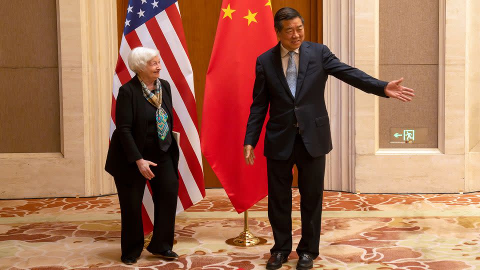 Chinese Vice Premier He Lifeng gestures to US Treasury Secretary Janet Yellen during a meeting on July 8, 2023 in Beijing, China. - Mark Schiefelbein/Pool/Getty Images