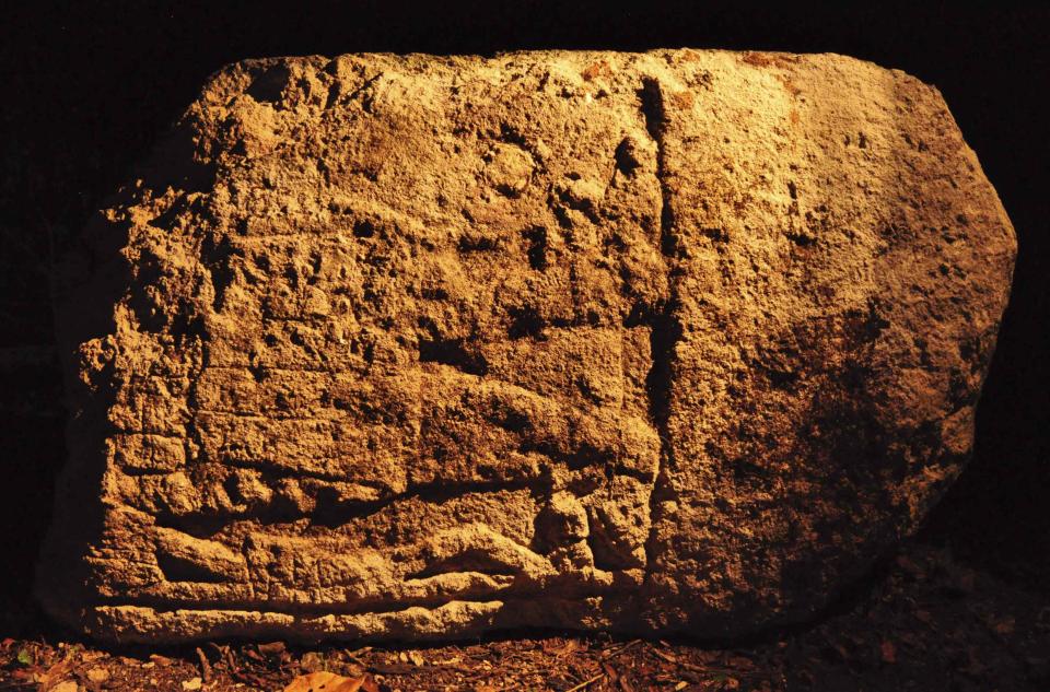 A photograph released to Reuters on August 22, 2014 shows a piece of a stela from an ancient Mayan city in Lagunita May 17, 2014. (REUTERS/Research Center of the Slovenian Academy of Sciences and Arts)