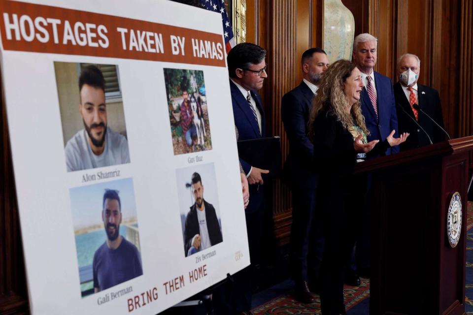 PHOTO: Doris Liber cries while talking about the last time she spoke with her son, Guy Iluz, who was kidnapped by Hamas, during a news conference with Speaker of the House Mike Johnson and other House Republican leaders, Nov. 7, 2023, in Washington. (Chip Somodevilla/Getty Images)