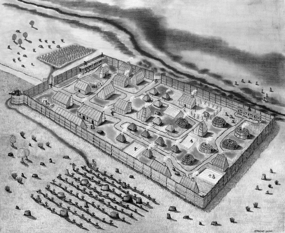 Conjectural drawing of St. Mary’s Fort based on the geophysical survey. (Jeffrey R. Parno)