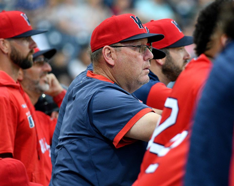 WooSox hitting coach Rich Gedman watches Wednesday night's WooSox game against the Toledo Mud Hens.