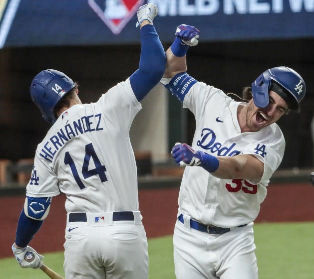 Arlington, Texas, Sunday, October 18, 2020. Los Angeles Dodgers center fielder Cody Bellinger (35) homers in the seventh inning in game seven of the NLCS at Globe Life Field. (Robert Gauthier/ Los Angeles Times)
