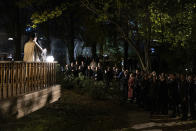 A rabbi prays during commemorative events marking the 80th anniversary of the Babi Yar massacre of Kyiv Jews perpetrated by German occupying forces in 1941 in Kyiv, Ukraine, Wednesday, Oct. 6, 2021. (Ukrainian Presidential Press Office via AP)