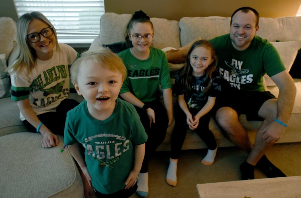 Charley Myers, 4, of Monroe yells out, "Eagles!," with his family: mom, Alissa; sisters, Molly, 11, and Lilly, 8; and his dad, Chad, are all now fans of the Philadelphia Eagles after a recorded encouragement video from Eagles defensive end Brandon Graham was sent to Charley, who is battling leukemia.